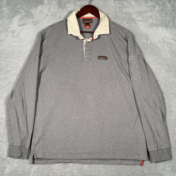 Patagonia Rugby Polo Shirt Mens Medium Gray Long Sleeve Hemp Organic Cotton Work